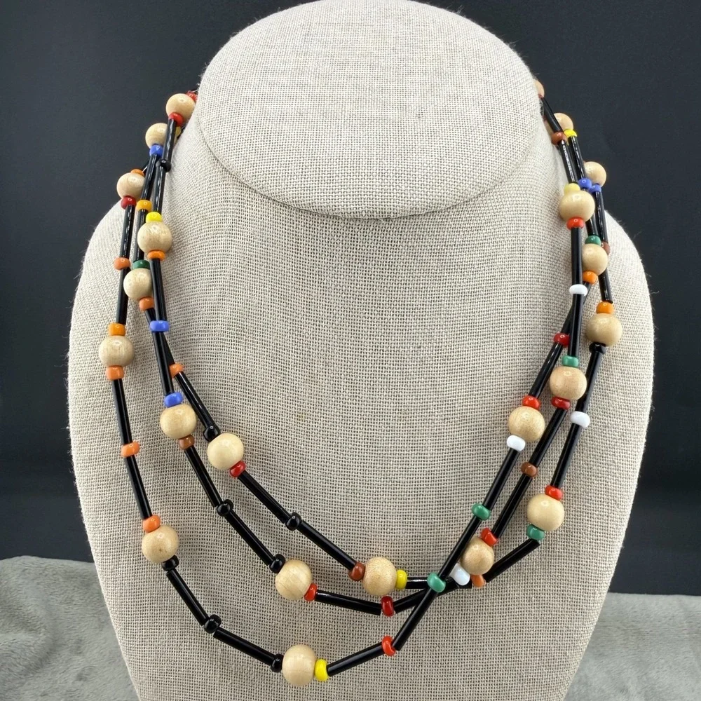 Vintage Necklace Long‎ Beaded Primary Colors 90s Flapper Opera 52